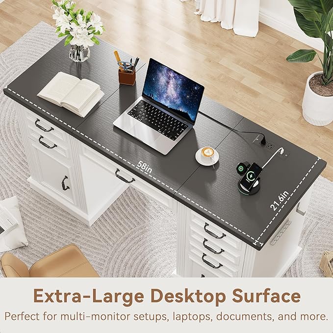 Farmhouse 57 Lift Up Executive Desk with 5 Drawers and Charging Station Wood Home Office Computer Desk with File Cabinet Storage Keyboard TrayHeadphone Hook for WorkStudy (White+Black)