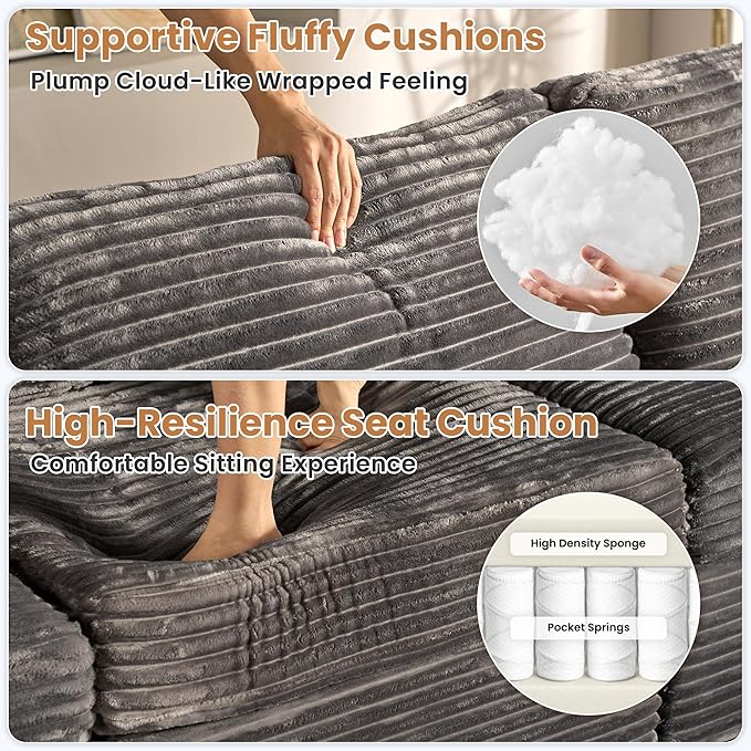ovios Sectional Cloud Couch Sofa with Swivel Chair Comfy Deep Seat Modular Convertible Couches Modern Plush Corduroy Sofas Set for Living Room 4-Seater Grey