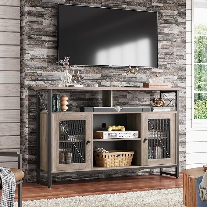 WLIVE TV Stand 55 inch TV Tall Entertainment Center and Industrial TV Console Cabinet with Storage for Bedroom Living Room Greige