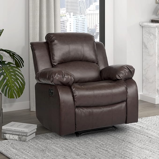 Lexicon Humphreys Faux Leather Wall Hugger Recliner Chair for Living Room Office RV - High-Density Foam Sturdy Solid Wood Frame - Chairs Living Room Recliners for Small Spaces - Brown