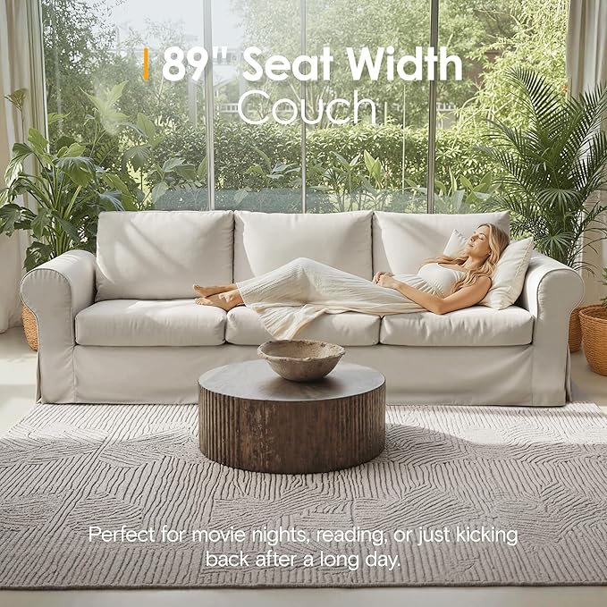 89 3 Seater Sofa for Living Room Deep Seated Comfy Couch High Back Suppor Removable Washable Couches Modern Farmhouse Rolled-Arm Sofas - Grey