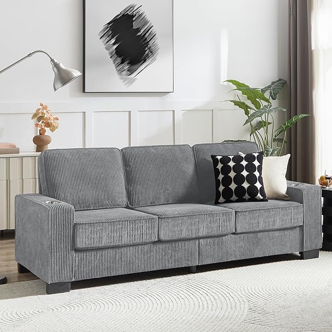 Aoowow 83.86” Modern 3-Seater Sofa Couch Upholstered Corduroy Fabric Couches Comfy Sofas with 2 Cup Holders for Living Room Apartment OfficeGrey-Corduroy