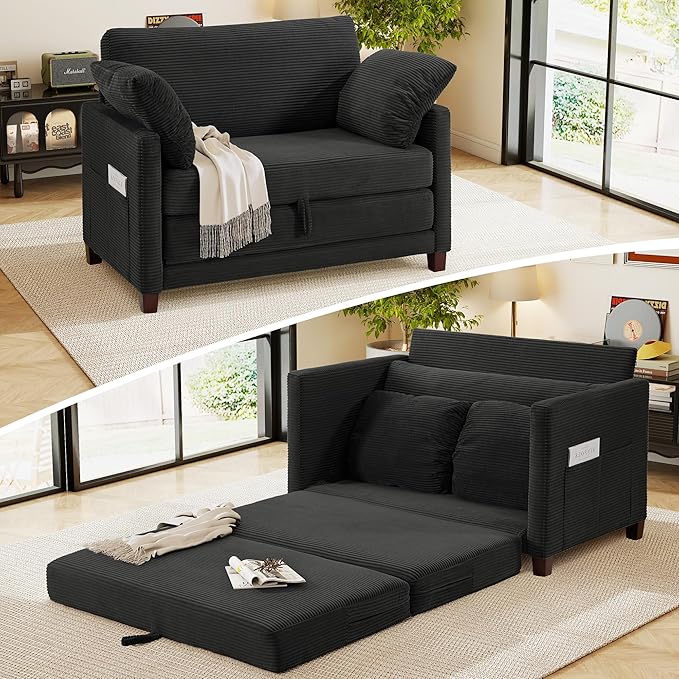 51 Loveseat Sleeper Sofa Bed Corduroy Convertible Floor Sofa Bed for Small Spaces Folding Couch Bed with Deep Seat 2 Pillows &amp Solid Frame Pull Out Floor Couch for Living Room Black