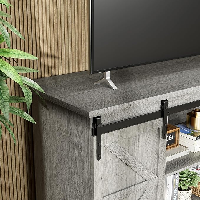 JUMMICO TV Stand for 65 Inch TV Entertainment Center with Storage Cabinets and Sliding Barn Doors Mid Century Modern Media TV Console Table for Living Room Bedroom (Pale Gray)