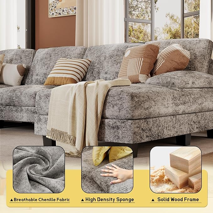 JUMMICO Sectional Couches for Living Room U Shaped Couch with Chenille Fabric 4 Seat Modern Sofa with Removable Pillows for Apartment and Small Space (Fabric Grey)