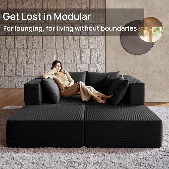 YINIX 140 Modular Sectional Sofa Couches Corduroy Sleeper Deep Seat Sofa Bed Comfy Cloud Couch for Living Room Floor Sofa 6 Piece Free Combination Compression Sofa Black