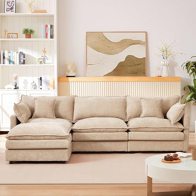 102 Modular Sectional Sofa L Shaped Cloud Couch with Movable Ottoman Comfy Chenille Deep Seat Sofa with Throw Pillows 3-Seater Cloud Couches for Living Room Apartment