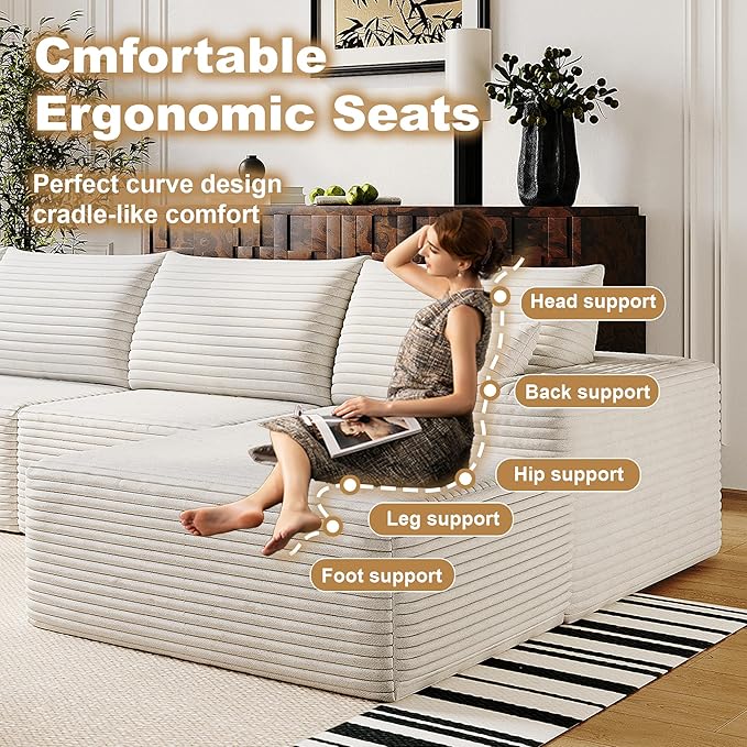 136 Sectional Couches for Living Room Cloud Couch Sofa with L-Shape Upholstered Boneless Couchs Modern Modular Sectional Couch with Chaise (White 136 Right Facing Chaise+3Seaters+Ottoman)