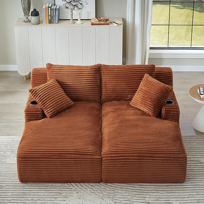 KEIKI Compressible Double Chaise Lounge with Cupholders Comfortable Corduroy Sleeper Loveseat for Home Office or Studio Boneless Chaise Lounge Indoor with Spring Support No Assembly Required