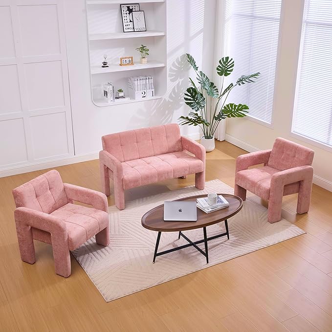 47'' Modern Loveseat Comfortable Small Couch for Two with Chenille Fabric Minimalist Accent Chair for Bedroom Office Entryway Dorm (Pink)