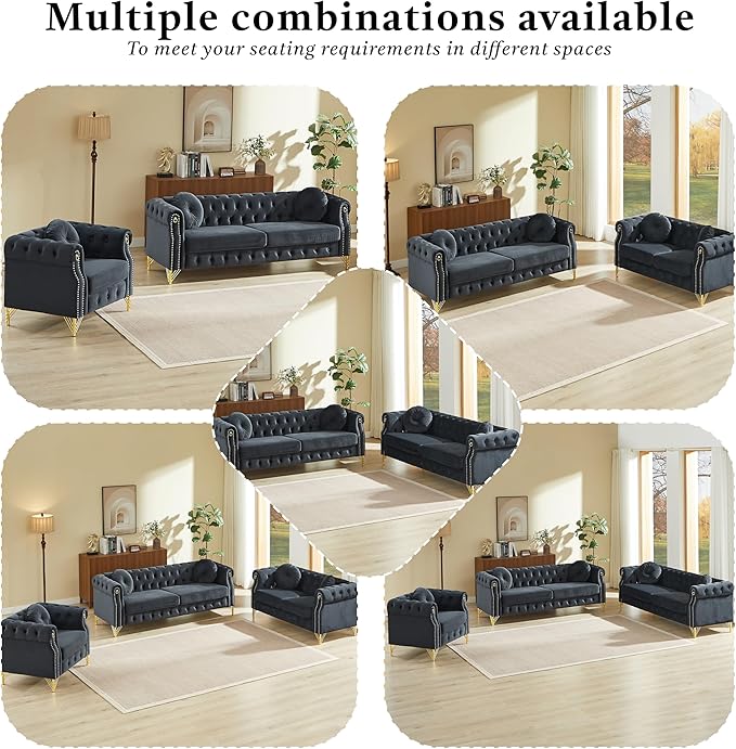 KEIKI 5 Seat Chesterfield Sofa Retro Style Upholstered 3+2 Seats Velvet Couch with Rolled Arm for Living Room Bedroom Office Black