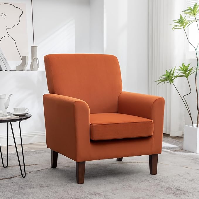 Contemporary Accent Arm Chair with Birch Wood Frame and Velvet Upholstery Armchair for Office and Living Room Decor Removable Cushions Orange
