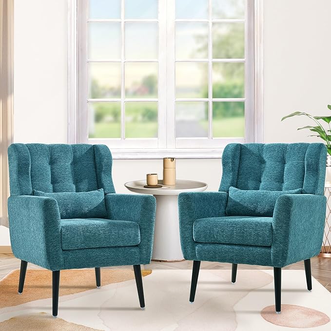 Accent Chair Set of 2 Upholstered Armchair with Pillow Fabric Single Sofa Chair with Lounge Seat and Wood Legs Accent Chair for Living Room Small Spaces (Teal)