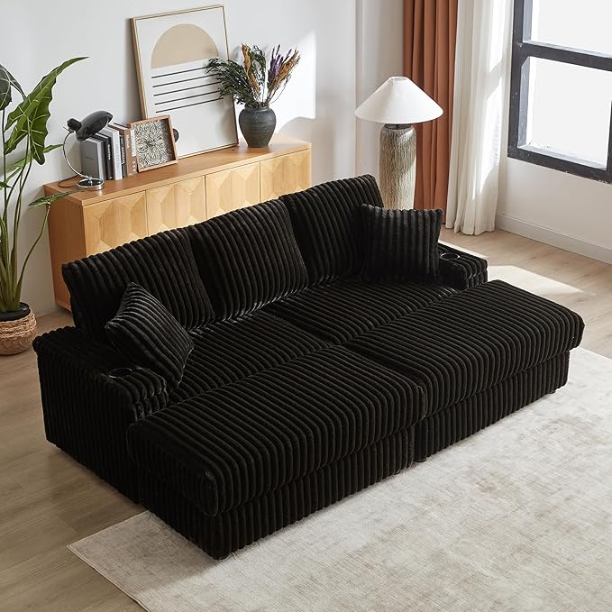 Aoowow 84 Corduroy Oversized 3-seater sofa with 2 Ottomans Modular Sectional Deep Seat Sofa with Back and Toss Pillows Modern Comfy Sofa with 2 Storage Spaces and Cup Grooves for Living Room Black