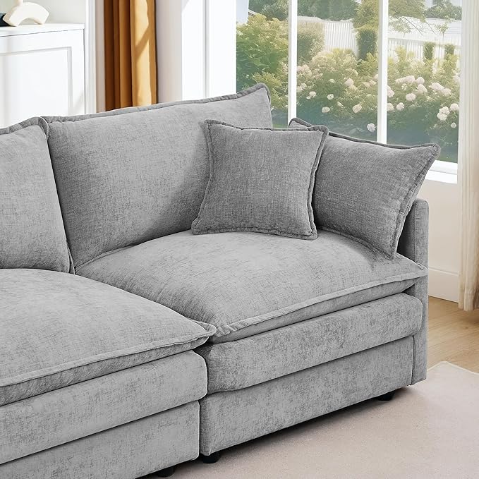 Grey Sectional Modular Sofa Cloud Couch 105 Modern Convertible L-Shape Sofa Deep 3-Seater Soft Chenille Comfy Upholstered with Removeable Ottoman Set and Removable Cushions for Living Room