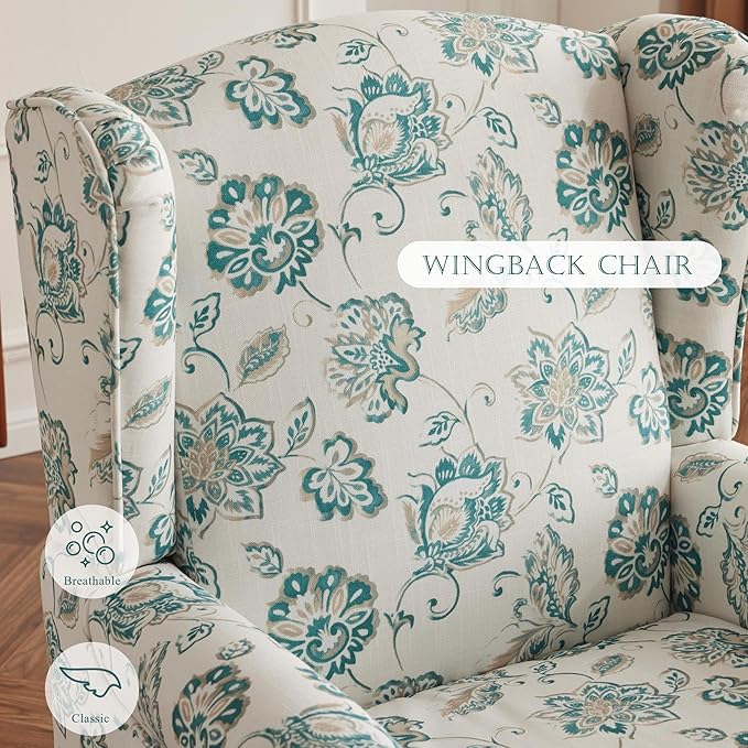 MELLCOM Floral Accent Chair High Back Upholstered Armchair with Solid Legs Leisure Single Sofa Chair for Living Room Bedroom Home Office Light Cyan Floral