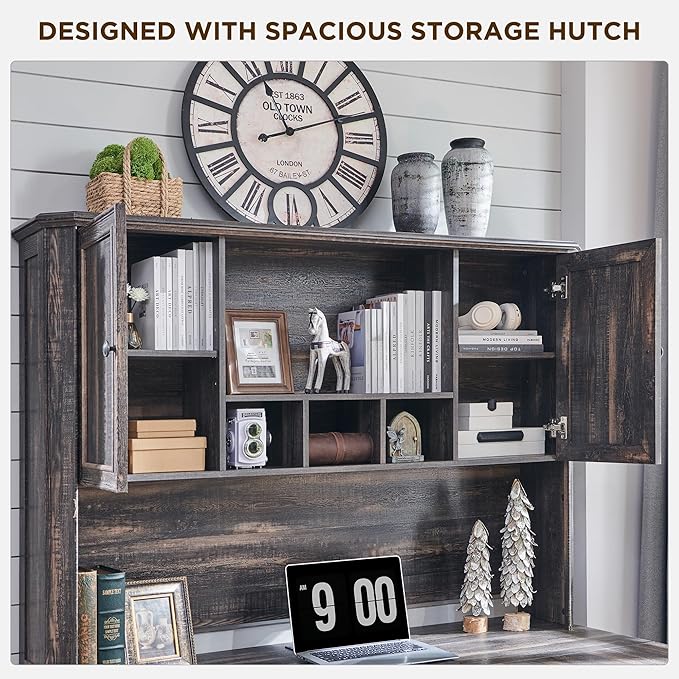T4TREAM Farmhouse Executive Desk with Hutch59 Wood Home Office Desk with Charging StationFile Cabinet StorageKeyboard TrayIdeal for Work and StudyDark Rustic Oak