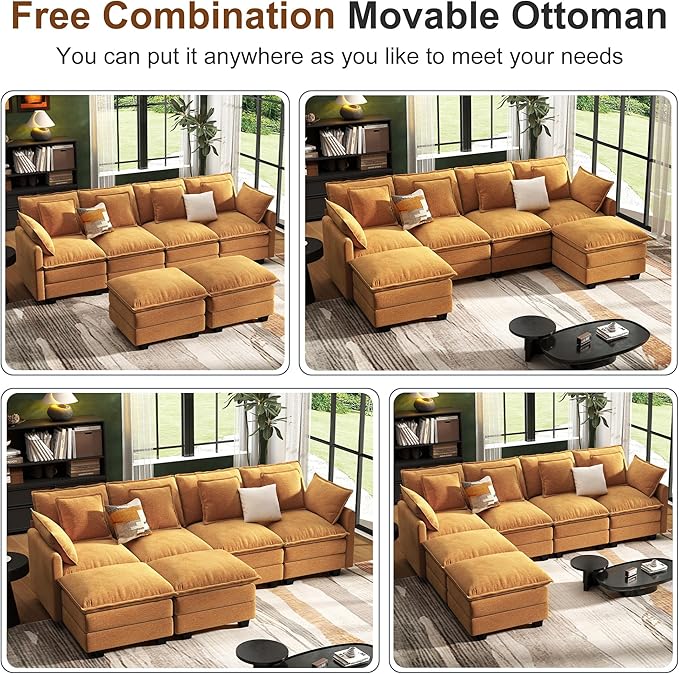 107 Cloud Couch Sectional U Shaped Modular Sectional Sofa 4-Seat Deep Seat Couch with 6 Removable Washable Pillows and 2 Ottoman for Living Room Bedroom Apartment Orange