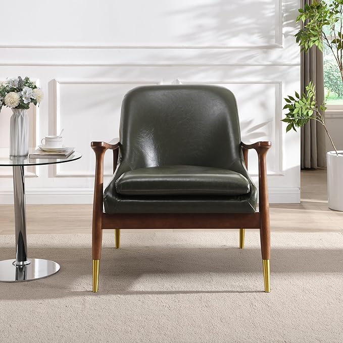 29.2'' Mid Century Faux Leather Accent Chair with Cushioned Seat Solid Wood e and Brass Tipped Legs Perfect for Living Room Bedroom or Office Lounge