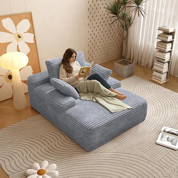 67'' Chaise Lounge Chair Indoor Oversized Boneless Sofa Bed Fluffy Corduroy Sleeper Sofa for Apartment Bedroom Living Room Comfy Cloud Boneless Couch Reading Recliner No Assembly Light Grey