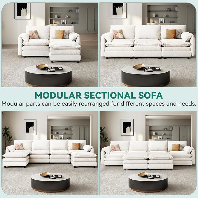 YITAHOME 142 Modular Sectional Sofa with Movable Ottoman Modern U Shaped Couch with Pillow-Armrest Velvet 6 Deep Seat Cloud Couch for Living Room Apartment Office Beige
