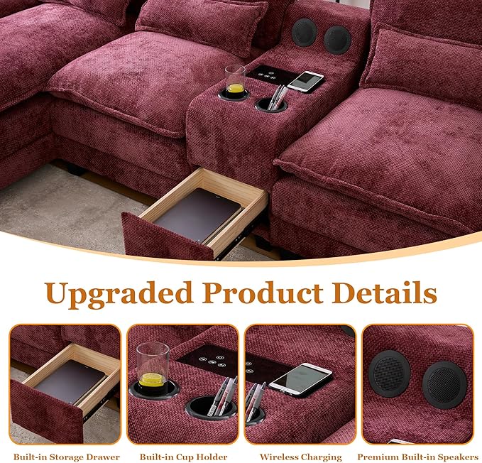 126 Modular Sectional Sofa with Storage Console Cloud Couch Chenille U-Shaped Sofa Cup Holders &amp Wireless Charger Memory Foam Double Chaise for Living Room Office Red