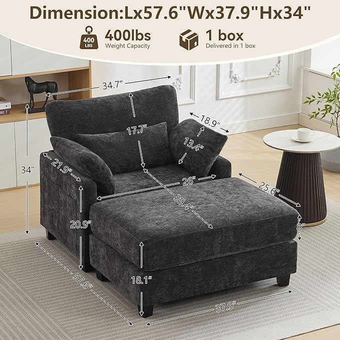 57.5 Oversized Chaise Lounge with Ottoman Indoor Grey Reading Chair with Ottoman &amp Sofa Bed Chenille Upholstered Comfy Sleeper Chair for Living Room Bedroom Office