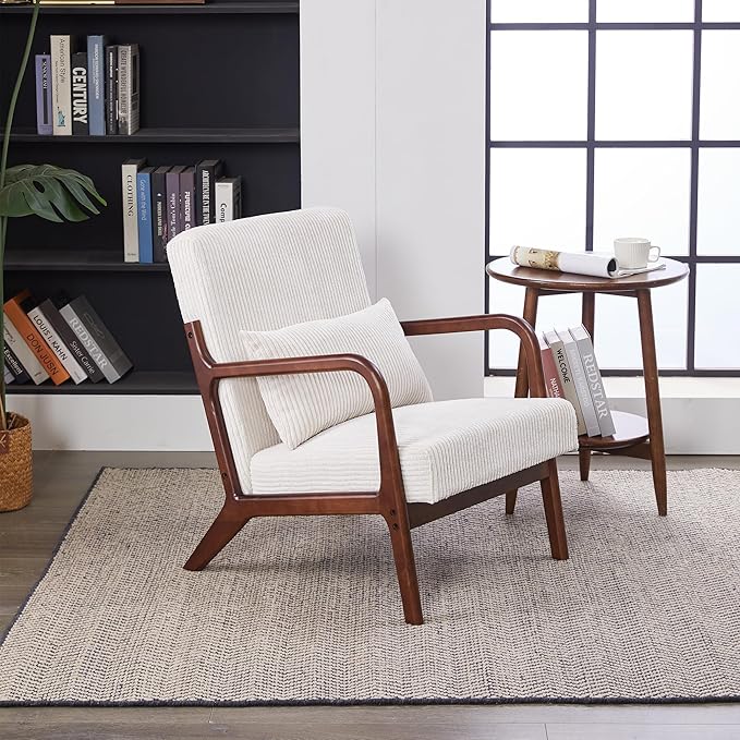 GDFStudio Aogex Upholstered Armchair Corduroy Club Chair Accent Chair Solid Wood Single Sofa Lounge with Armrest Comfort Seating with Lumbar Support for Reading Living Room Home Beige+Walnut