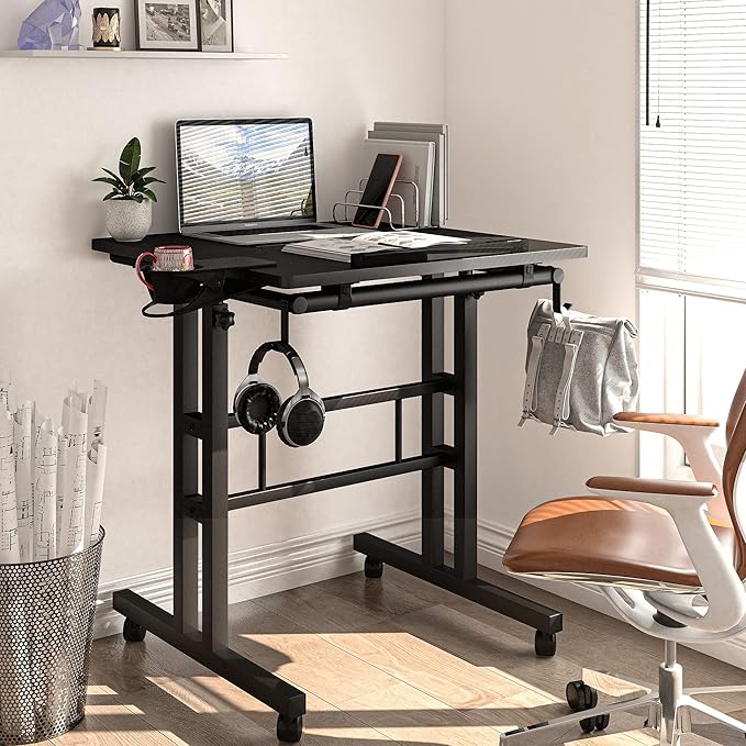 Klvied Adjustable Height Standing Desk with Cup Holder Portable and Easy to Move Ideal for Home or Office Black