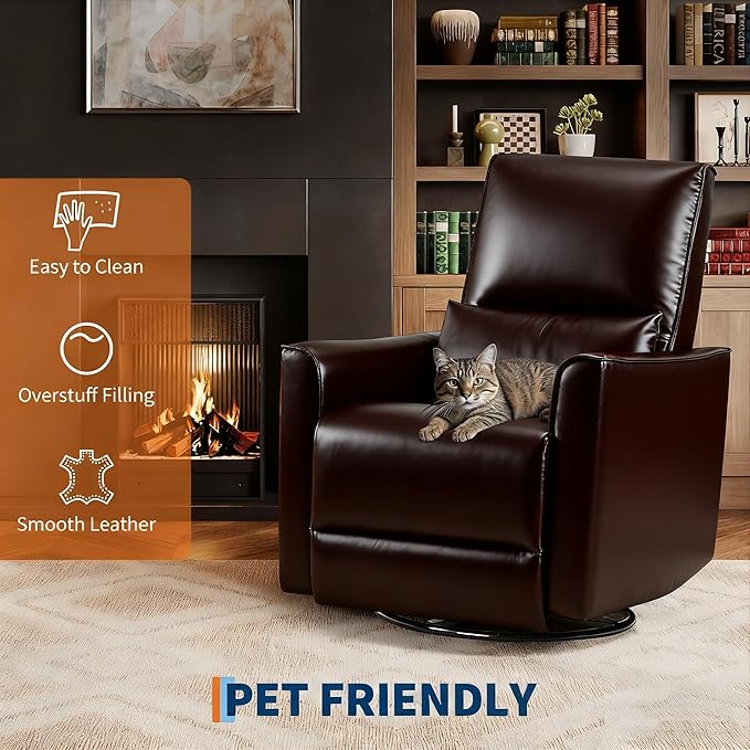 GAOMON Swivel Rocking Recliner Chair Manual Leather Recliner Glider with Lumbar Support &amp Padded Armrest Comfortable Rocker Nursery Single Sofa for Living Room and Bedroom (Dark Brown)