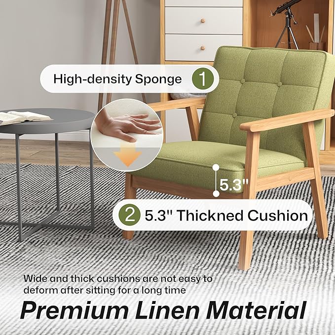 Modern Accent Chair with Arm Rest Upholstered Linen Fabric Leisure Chair Comfy Side Chair with Backrest Button and Wooden Frame for Living Room Bedroom Reading(Green)