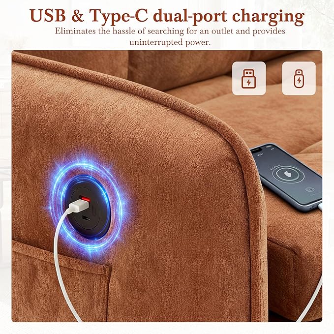 3-in-1 Convertible Sleeper Chair Bed Multi-Functional Chenille Single Sofa Bed with Storage Pockets and Box 80 Extra Long Pull Out Sleeping Lounge Chair for Living Room &amp Apartment (Orange35)