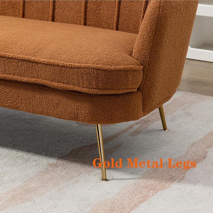 59 Modern Boucle Loveseat Couch Small Sofa with Gold Metal Legs2-Seater Upholstered Mini Sofa Couches for Small SpaceLiving Room Bedroom Office Dorm Studio Apartment (Caramel)
