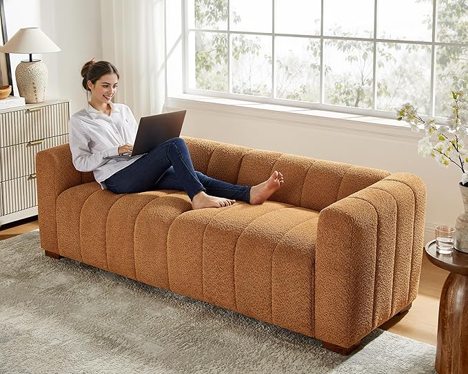 VANOMi 82.68 Oversized Boucle Sofa for Living Room Modern Upholstered Tufted Cloud CouchComfy 3 Seater Deep Seat Sofa with Wood Legs for Apartment Reception RoomCurry