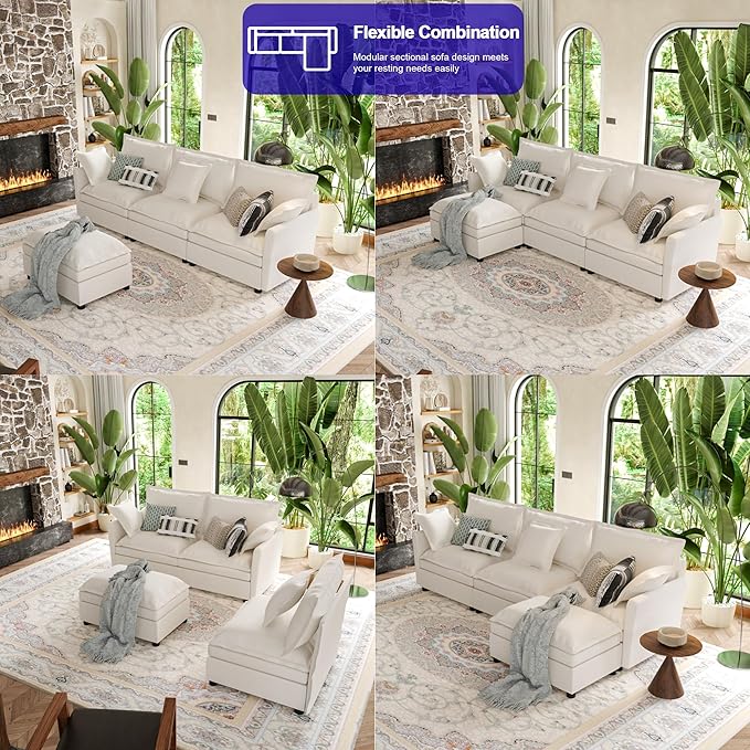112 Inch Cream White Cloud Sectional Couch - Wide Pillow Edge Chenille Comfy Upholstered 3 Seater Modular Sofa with Ottoman L Shaped Couches for Living Room Apartment Office