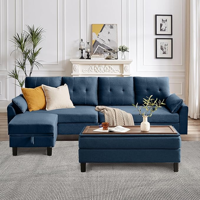 Sectional Sofa with Ottoman Bench 102 L Shaped Couch with Chaise 4 Seat Sofa Polyester Fibre for Living Room Blue