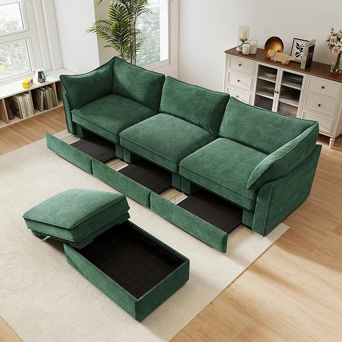 Aoowow Modular Sectional Sofa with Pullout Storage Seat 112.6” L-Shaped Chenille 3-Seat Sofa Couch with Storage Ottoman Upholstered Deep Couches for Living Room Apartment OfficeGreen