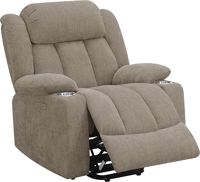 Coaster Home Furnishings - Houston - Fabric Upholstered Power Lift Recliner Chair with Power Panel with USB Port Cup Holders and Pillowtop Arms - Living Room - Camel - 602274P