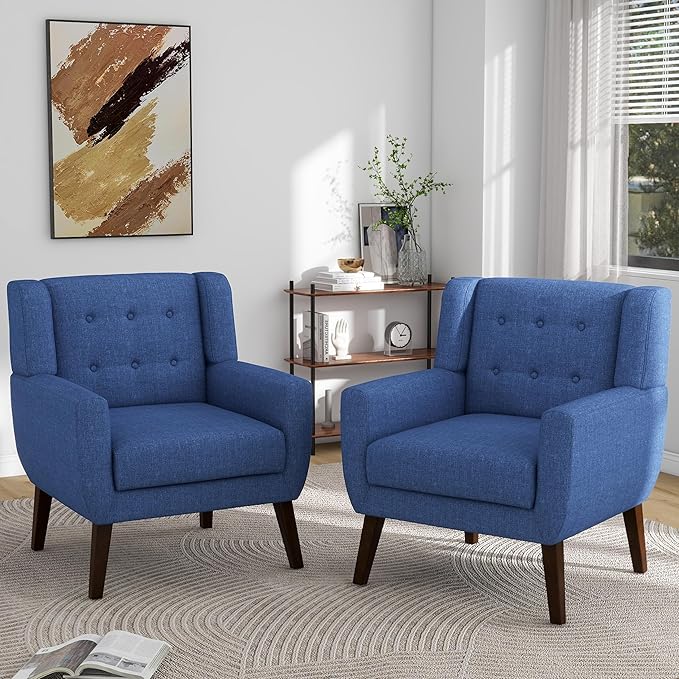 Accent Chair Set of 4 Mid Century Modern ArmchairComfy Single Sofa for Living RoomButton Tufted Armrest Reading Seat Bedroom Side Sitting for Home OfficeRecliner Chair Home Theater SeatingBule