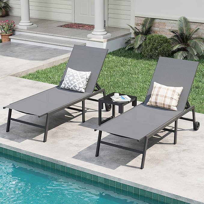 Amopatio 3 Piece Patio Lounge Chairs Set 2 Pool Chaise Lounges with Wheels and 1 Side Table 5-Position Adjustable Lounge Furniture with Heavy-Duty Steel for Backyard Poolside400 LBS CapacityGray
