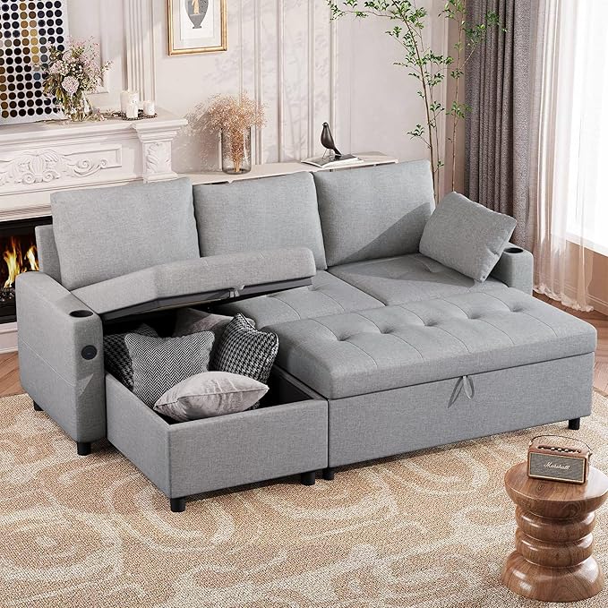 Esright 84'' Sleeper Sofa Bed L Shaped Sectional Convertible Pull Out Couch with Storage Chaise for Living Room 3 in 1 Sleeper Sofa Couch with Pullout Bed USB Cup Holder Side Pocket(Light Gray)