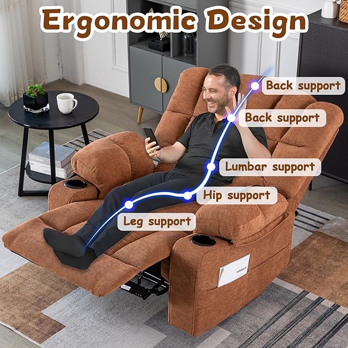 Massage Recliner Chair with Heat Brown Recliner Chair with Cup Holder for Adults Manual Reclining Chairs Large &amp Oversized Recliners for Living Room Fabric Heavy Duty (Brown)