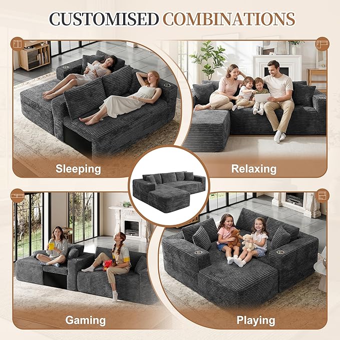 Vongrasig 103 Boneless Couches for Living RoomSectional Couches Modular Sofa with L-Shaped Chaise Memory Foam Comfy Cloud Couch with Plush Corduroy Fabric No Assembly Required Dark Grey