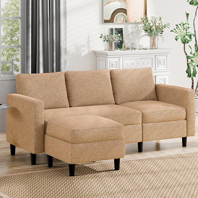 JAMFLY Sectional Couch Sofa Convertible L Shaped Sofas with Ottoman Small Sectional Sofa for Living Room 3 Seater Couch for Small Spaces Brown