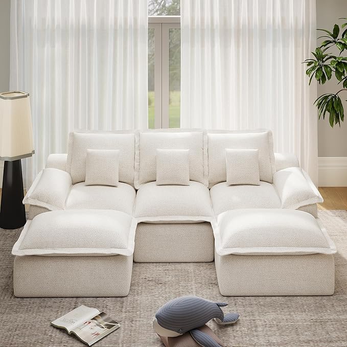 Modular Sectional Sofa 107'' Boneless Couches for Living Room 5-Seat Sofa with 2 Ottomans Cloud U Shaped Couch No Assembly Required Chenille Beige