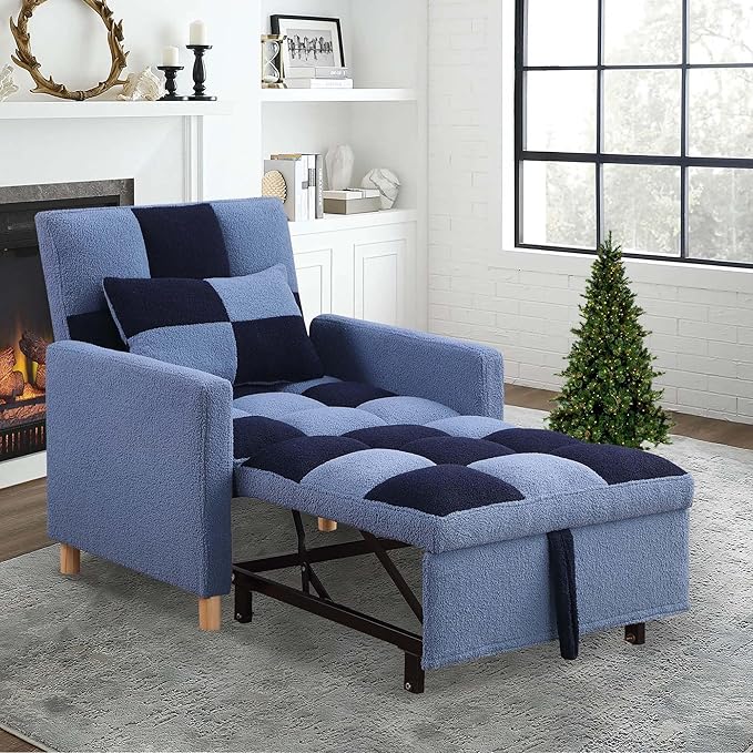 Convertible Sleeper Sofa Chair 3 in 1 Multi-Function Folding Ottoman Couch Sigle Pull-Out Bed with Adjustable Backrest and Pillow for Living Room Apartment Office Blue