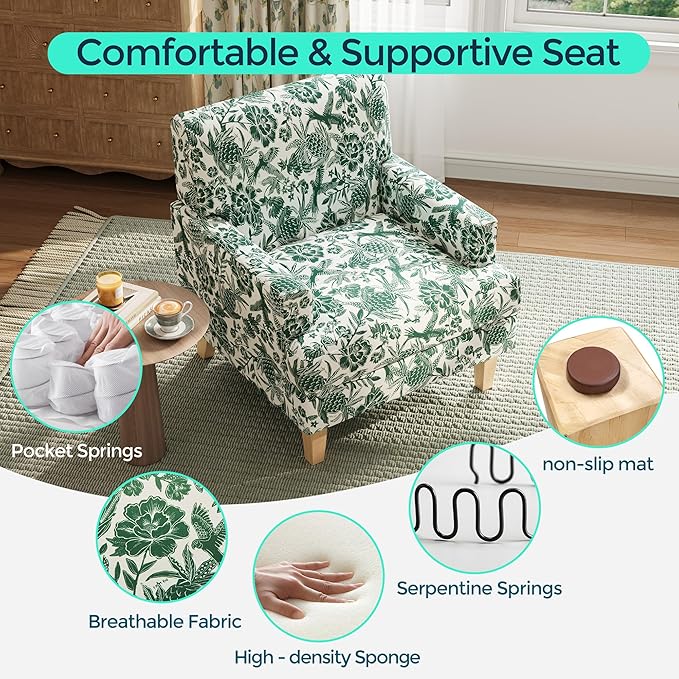 LINSY Floral Accent Chair Large Lounge Armchair with Rubberwood Legs Farmhouse Reading Chair Comfy Oversized Single Sofa Chair for Living Room Bedroom Office Study Floral Green