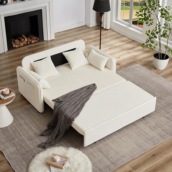 Ball &amp Cast 66 Convertible Sofa Bed3-in-1 Corduroy Loveseat Sleeper Pull Out Couch Bed with Pillows and Side Pockets Deep Seat Comfy Sofa Couches for Living RoomApartmentBeige