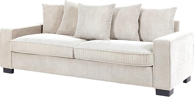 Luxe Corduroy Sofa with 5 Matching Toss Pillows Sleek Design Spacious and Comfortable 3 Seater Couch for Modern Living Room Large Ivory