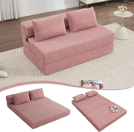 GNIXUU Fold Out Couch 3-in-1 Convertible Futon Sofa Bed with 2 Pillows Corduroy Foldable Floor Chair Boneless Loveseat Couches for Living Room Bedroom Small Spaces Pink